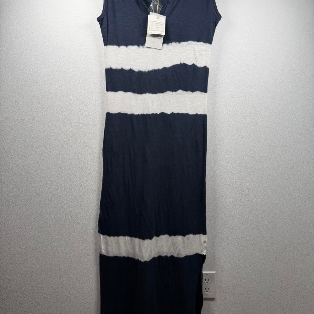 Beach lunch lounge Navy/white tie dye striped maxi dress side slit NWT XS